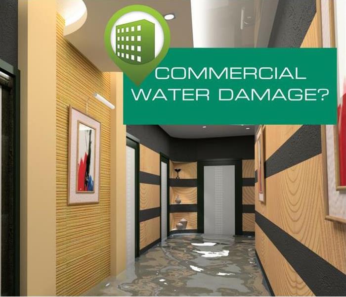 Green Commercial Water Damage Banner with a water damaged office.
